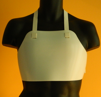 Men's/Children's Chest Protector, A single piece of hard plastic that covers an area between the clavicle and sternum.  Mandatory for females in competition and recommended for males.
Front view