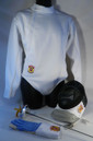 Men's Basic Foil fencing equipment set (5 pieces) needed to begin to learn how to fence. Includes:

Foil Fencing Mask with mask cord - 800N Mesh, 350N CE bib
Men's Fencing Jackets - 350N CE made with Dyneema and polyester blend material
Fencing Foil Glove
Practice Foil (non-electric, non-FIE) Weapon

All gear is 350N certified and meets requirements for competition at the local and national level tournaments.
**Note: Chest Protector is MANDATORY for girls and women when fencing in tournaments (optional for boys and men), but is highly recommended to wear it whenever you are actually fencing, even practicing, with another person.

Chest Protectors may be purchased with Basic Set at a discounted price on the Starter Set: Optional Equipment page.