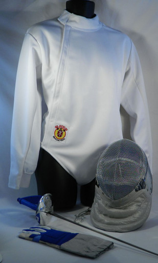 Men's Basic Saber fencing equipment set (5 pieces) needed to begin to learn how to fence. Includes:

Saber Mask with mask cord- 800N Mesh, 350N CE bib
Men's Jackets - 350N CE made with Dyneema and polyester blend material
Saber Practice Glove (non-FIE)
Practice Saber (non-electric, non-FIE) Weapon

All gear is 350N certified and meets requirements for competition at the local and national level tournaments.

**Note: Chest Protector is MANDATORY for girls and women when fencing in tournaments (optional for boys and men), but is highly recommended to wear it whenever you are actually fencing, even practicing, with another person.

Chest Protectors may be purchased with Basic Set at a discounted price on the Starter Set: Optional Equipment page.