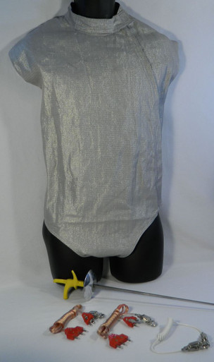Complete your equipment set with the electric gear needed to meet the requirements to compete:

1x Foil Lame

1x Foil complete weapon, assembled to meet the desire of the fencer

2x Body Cords

1x mask cord

**Note: Chest Protector is MANDATORY for girls and women when fencing in tournaments (optional for boys and men), but is highly recommended to wear it whenever you are actually fencing, even practicing, with another person.

Chest Protectors may be purchased with Electric Set at a discounted price.