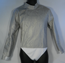 Front view. Women's Lame is part of the exterior portion of the gear.  It is made with a electrically conductive nickel coded cooper material, manufactured with a nylon insulated lining, sturdy zipper and velcro neck flap for easy adjustment. The lame define the target area for the electrical scoring equipment to determine validity of the "hit."