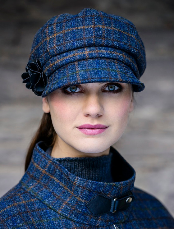 Ladies Tweed Newsboy Hat - Green Navy & Brown Plaid | Mucros Weavers