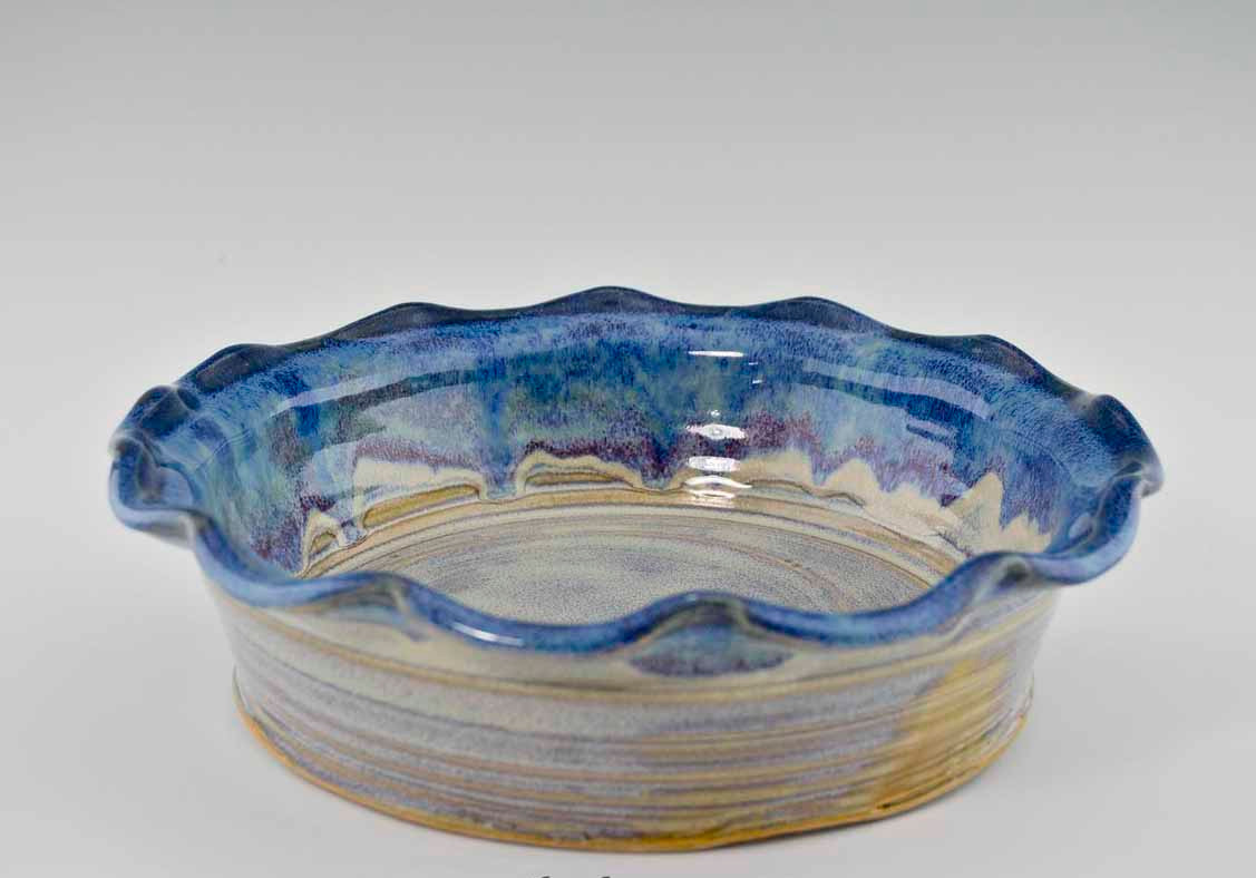 Handmade Pottery Pie Plate Blue Bisque Glaze Fluted