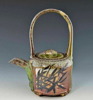 Handpainted Asian Motif Teapot Green, Rust and Gray