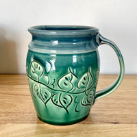 Carved Leaf Round Mug in Shadow Blue and Green 14 oz