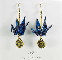 Shades of Blue Origami Crane Earrings with Good Luck Charm