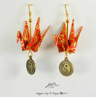 Red and Gold Origami Crane Earrings with Yin Yang Charm