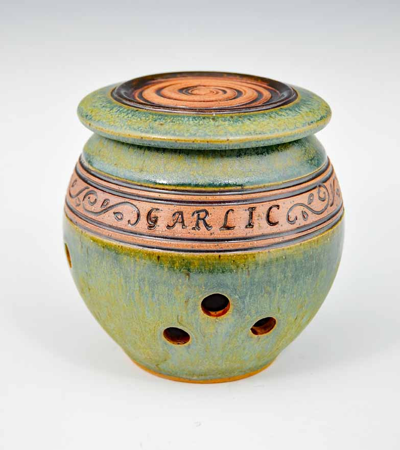 Handmade Pottery Banded Garlic Holder in Green