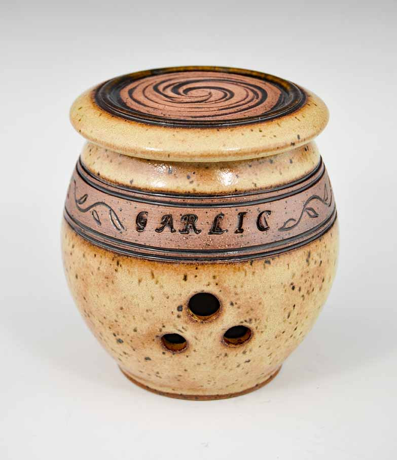 Handmade Pottery Banded Garlic Holder in Gold