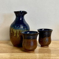 Sake Set Cobalt Blue and Copper Carafe and 2 cups