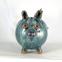 Handmade Flying Pig in Peacock Blue Glaze