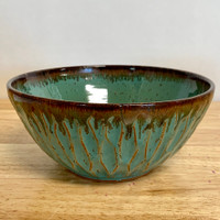  Handmade 8" Serving Bowl in Greenish Teal with Carved Divots