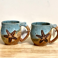  Handmade Pottery Set of Two Small Starfish Mugs Brown/Light Teal