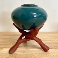 Handmade Pottery Teal Glazed "Soul Pot" with Stand