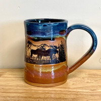 Handmade Pottery Desert Blue Tankard Moose Scene Mug 16 oz
