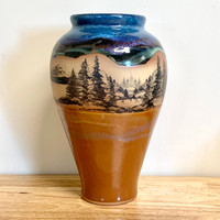 Handmade Pottery Desert Blue Vase with Mountain Scene