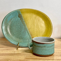 Handmade Pottery Soup and Sandwich Plate Set Blue/Yellow