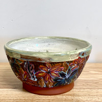  Handmade Pottery Red Earthenware Serving/Decorative Bowl-One of a Kind Vibrant Flowers
