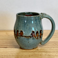  Handmade Pottery Blue Mug with Birds on a Wire