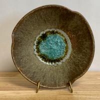 Handmade  12" Pottery 3 Pinch Bowl with Crackle Glass Bottom