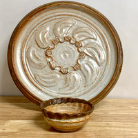 Handmade Pottery Serving Platter with Dip Bowl. Stunning!
