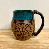 Pottery Mug with a Saying - Bright Teal with Carved Brown Flower Band 14 oz