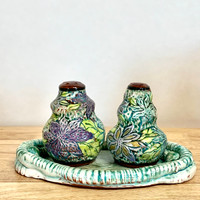 Handmade Pottery Salt and Pepper Shakers. Hand Carved .  One of a Kind!