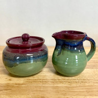 Handmade Pottery Cream and Sugar Purple/Green/Blue Glaze
