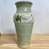 Handmade Porcelain Green Vase with Swans 