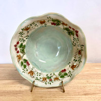 Handmade Porcelain Bowl Light Green with Wrens Around the Rim