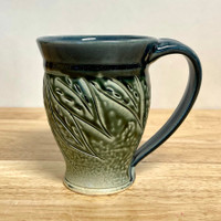  Hand Carved Cup/Mug  Teal Leaves 