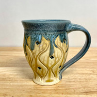 Hand Carved Cup/Mug  Yellow and Teal with Black Diamonds