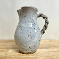 Handmade Pitcher 8" with Braided Handle in White Speckled Glaze, 56 oz
