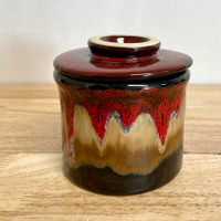  Handmade Pottery French Butter Keeper. Red and Black and Tan