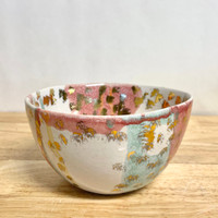 Handmade Stoneware Bowl in Pink, Lime and Gold