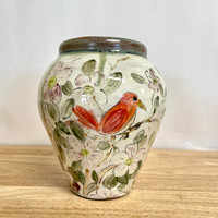  Handmade Pottery Red Earthenware Vase -One of a Kind Red Bird with Flowers
