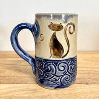 Handmade Pottery Mug Cat Collection Blue Base