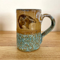 Handmade Pottery Mug Southwest Collection Teal and Tan with Bear Image
