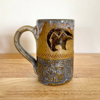 Handmade Pottery Mug Southwest Collection Blue and Tan with Bear Image