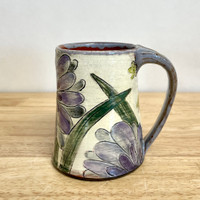  Handmade Pottery Mug Hand Carved Lavender Flower. One of a kind!