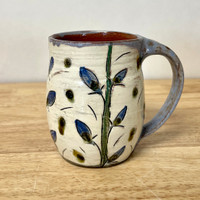  Handmade Pottery Mug Hand Carved Blue Flower. One of a kind!