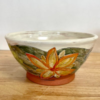 Handmade Pottery Serving Bowl with  Lime and Olive and Orange Flowers. Hand Carved One of a Kind!