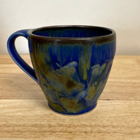  Handmade Pottery Fan Mug with Botanical Flower Imagery in Blue