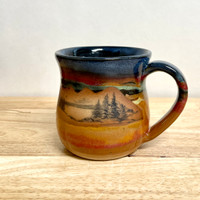 Handmade Pottery Large Mountain Scene Desert Blue Mug 12 - 14 oz