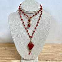   Handmade Glass Heart Necklace 30"  Red Heart