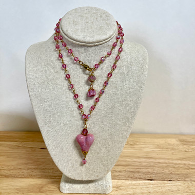 Handmade Glass Heart Necklace 30" Pink. Stunning