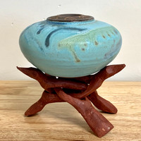 Handmade Pottery Turquoise Colored "Soul Pot" with Stand