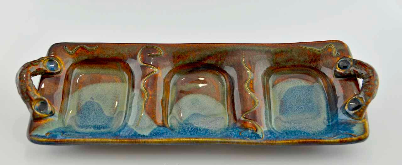 Handmade Stoneware Relish Dish Blue Brown Gifted Pottery