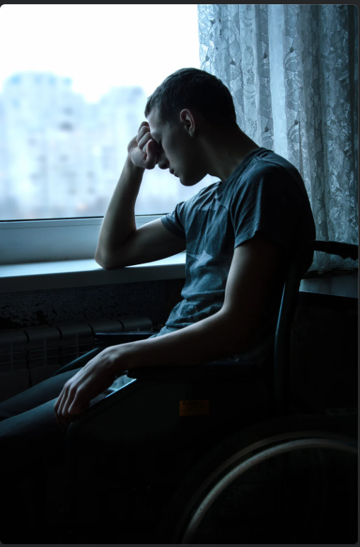 A traveler in a wheelchair looking out of a cruise ship window at a destination they cannot reach