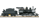 This is a model of a Mogul design American Old-timer steam locomotive. The design is the version for the Durango & Silverton Railroad museum railroad in the Rocky Mountains. All of the driving wheelsets are driven by a powerful, ball bearing Bühler motor. Traction tires. The locomotive has an mfx/DCC decoder with many light and sound functions. It also has a smoke generator with steam exhaust synchronized to the wheels and cylinder steam. The headlight and the running sounds will also work in analog operation. The locomotive has many separately applied details. Length over the couplers 67 cm / 26-3/8".

